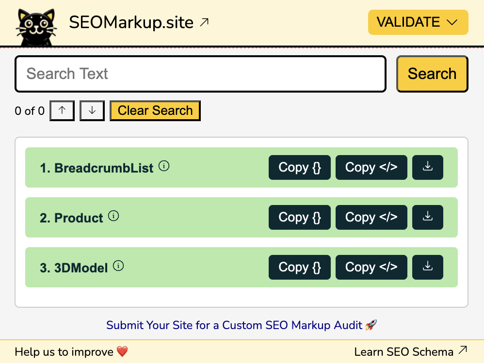 screenshot of the seomarkup.site chrome extension showing structured data on a website